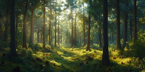 Wall Mural - Sunlight Filtering Through Tall Trees in a Lush Forest Illustration