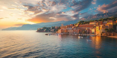 Poster - A picturesque scene of the town s captivating architecture against the stunning sunset by the sea