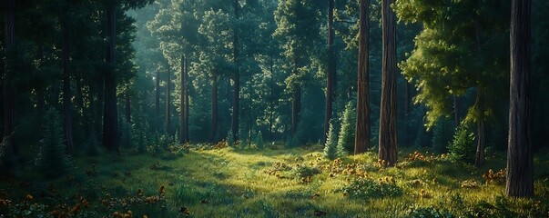 Wall Mural - Sunlight Through Tall Trees in a Dense Forest Illustration