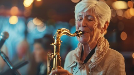 An older woman plays the saxophone passionately at a lively jazz club