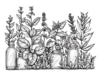 Sticker - Detailed line art showcasing a variety of lush botanical herbs and foliage in a minimalist monochrome style  The delicate hand drawn lines create a serene elegant and natural aesthetic