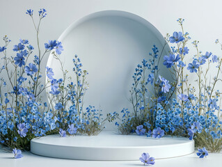 Aufkleber - White round podium with delicate blue wildflowers with a circular opening on a light blue wall in the background