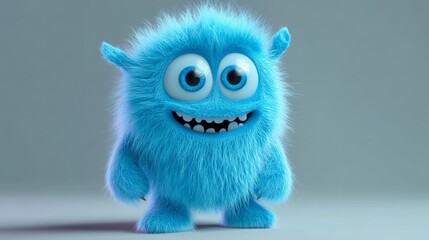 Wall Mural - Cute blue furry monster 3D cartoon character