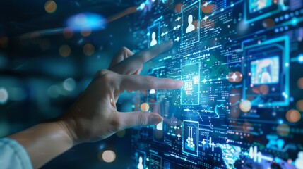 Close-up of a hand touching a digital screen with various icons, representing technology, innovation, and future digital interactions.