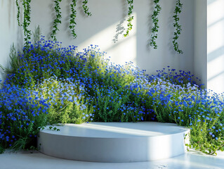 Poster - Empty white round podium with blue flowers blooming and green vines hanging on a white wall for product presentation