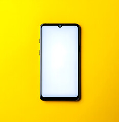 A modern smartphone with a sleek black frame and a blank white screen is displayed against a vibrant yellow background. The phone is centered and viewed from above, emphasizing its minimalist design