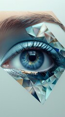 Close up of a woman's blue eye with creative makeup, surrounded by abstract blue and gold geometric shapes, conveying a sense of mystery and beauty