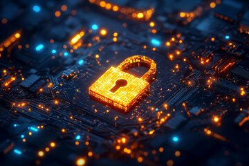 Wall Mural - digital security padlock icon on blue glowing background