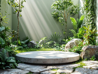 Poster - Empty round stone podium in a tropical garden in sunlight, perfect for showcasing natural products
