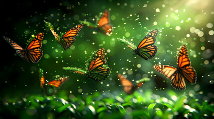 Wall Mural - A group of butterflies flying in the air with a green background