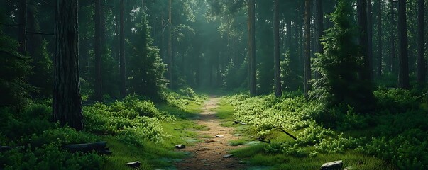 Canvas Print - Sunlit Path in a Lush Green Forest - 3D Illustration