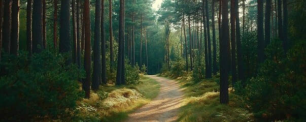 Wall Mural - Forest Path With Sunlight Streaming Through Trees - Nature Photography