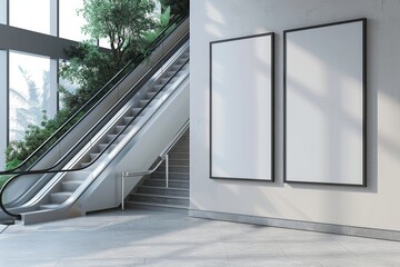 Two Blank Posters Mounted on a White Wall Near an Escalator