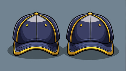 Sticker - Display of a navy blue baseball cap on a simple gray background, showcasing both the front and back sides