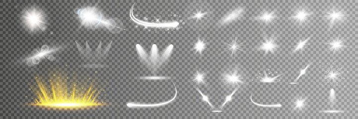 Wall Mural - light effect set. glow isolated white transparent light effect set, lens flare, explosion, glitter, 
