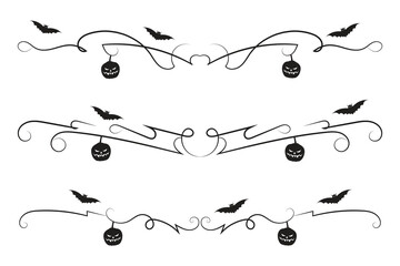 Wall Mural - set of Halloween flourish dividers, hand-drawn fancy lines with pumpkins and Bats vine scroll page separator, decorative ornate swirls vintage menu Wedding border holiday design element

