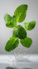 Wall Mural - Delicious Mint Leaves in Mid-Air Splashing on a Crisp White Background, Central Composition, Perfect for Culinary and Freshness Themes