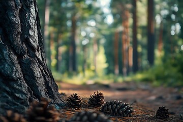 Canvas Print - Pine Cones in a Forest with Sunlight Shining Through the Trees