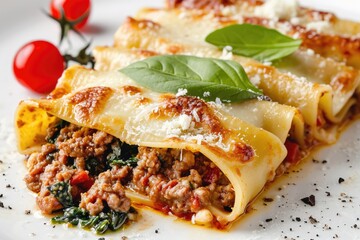 Wall Mural - Cannelloni Pasta with Ricotta, Minced Beef, Spinach Isolated on White Background