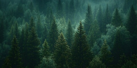 Wall Mural - Forest Canopy Photo - Lush Green Trees and Fog