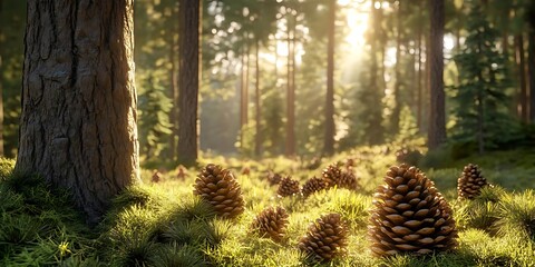 Wall Mural - Pine Cones in Sunlit Forest 3D Illustration