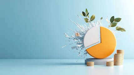 3D pie chart exploding into segments representing investment diversification.