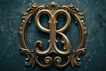 Poster - A decorative letter B in a gold frame on a blue wall, perfect for adding a touch of elegance to any room or office