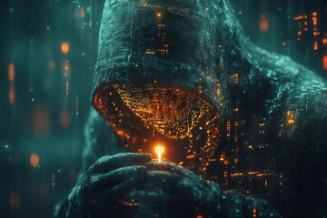 Wall Mural - cyber guardian unveiled mysterious hacker figure materializes from glowing code grasping virtual key symbolizing digital security in an interconnected world