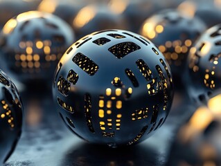 3D geometric spheres with metallic textures, modern abstract