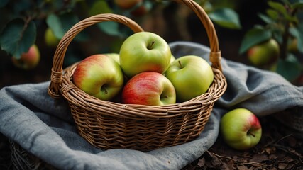 Canvas Print - freshly picked apples in basket background farm concept backdrop