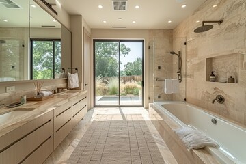 Wall Mural - A large bathroom with a bathtub, sink, and mirror