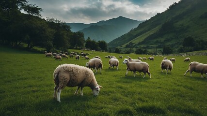 Sticker - sheep grazing in green meadow background farm concept backdrop 3