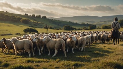 Sticker - sheepdog herding sheep in field background farm concept backdrop 3