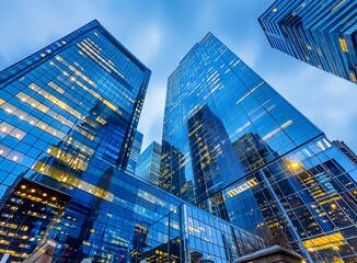 Fototapete - Modern Glass Skyscrapers Reflecting the Evening Sky