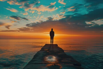 Poster - A person stands on a pier as the sun sets behind them