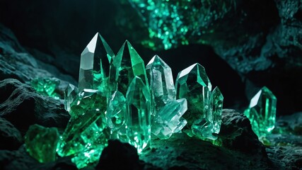 Poster - crystals growing green lights on deep cave background backdrop