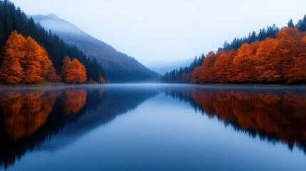 Serene lake reflecting vibrant autumn trees and misty mountains, capturing the beauty of nature's seasonal transformation.