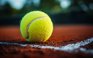 Wall Mural - Close-up shot of a tennis ball hitting the clay court line, capturing the moment of impact and the texture of the clay.
