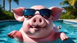 © mischenko - An inflatable pig wearing sunglasses swims in a pool on a sunny day.