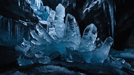 Wall Mural - ice formations on dark in deep cave background backdrop