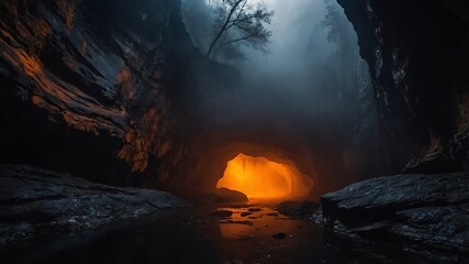 Wall Mural - orange foggy mist on darkness in deep cave background backdrop