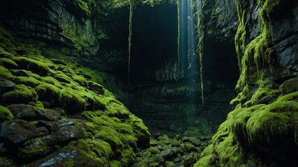 Poster - rock walls covered in moss deep cave background backdrop