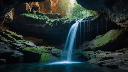 Poster - underground waterfalls in the deep cave background backdrop 3