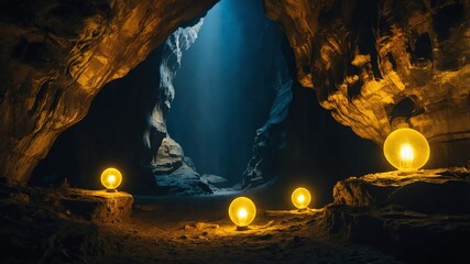 Wall Mural - yellow glowing mysterious lights in the deep cave background backdrop 3