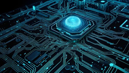 A computer chip with a blue and green design