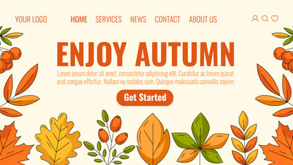 Wall Mural - Autumn colorful landing page vector template. Seasonal fall leaves of oak, aspen, maple, chestnut leaf, rosehip and rowan branch. For website, web, online, banner. Isolated background