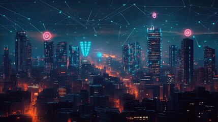 Poster - Futuristic Cityscape with Neon Lights and Network Connections