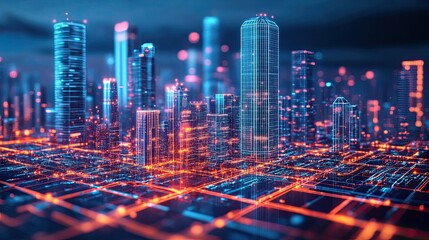 Sticker - Futuristic Cityscape Rendered with Glowing Lines and Grids