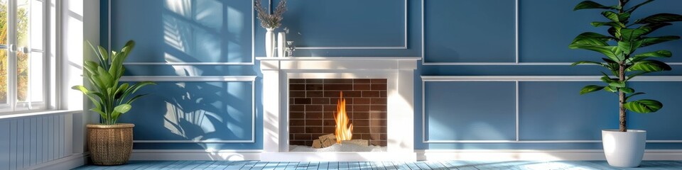 Poster - White fireplace set against blue walls