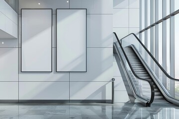 Wall Mural - Modern Escalator in a Glass and White-Tiled Building Interior